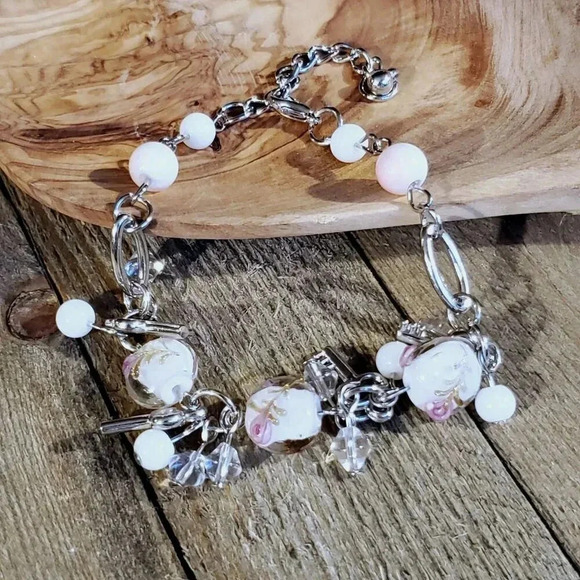 Vintage Murano Glass Beads White Silver Charm Bracelet Style J - Picture 5 of 5